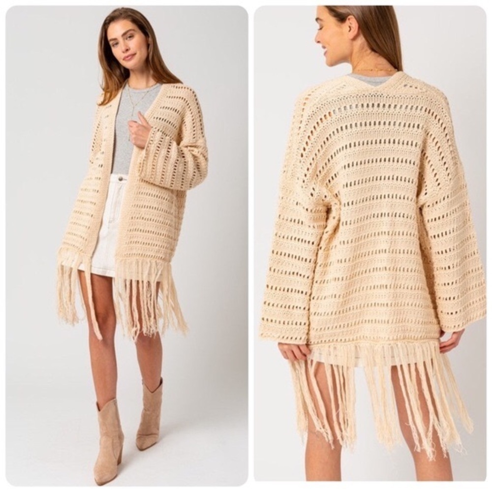 Crochet Knit Fringe Cardigan Boho Dreams by Gilli Natural Beige Size Medium - Picture 5 of 14